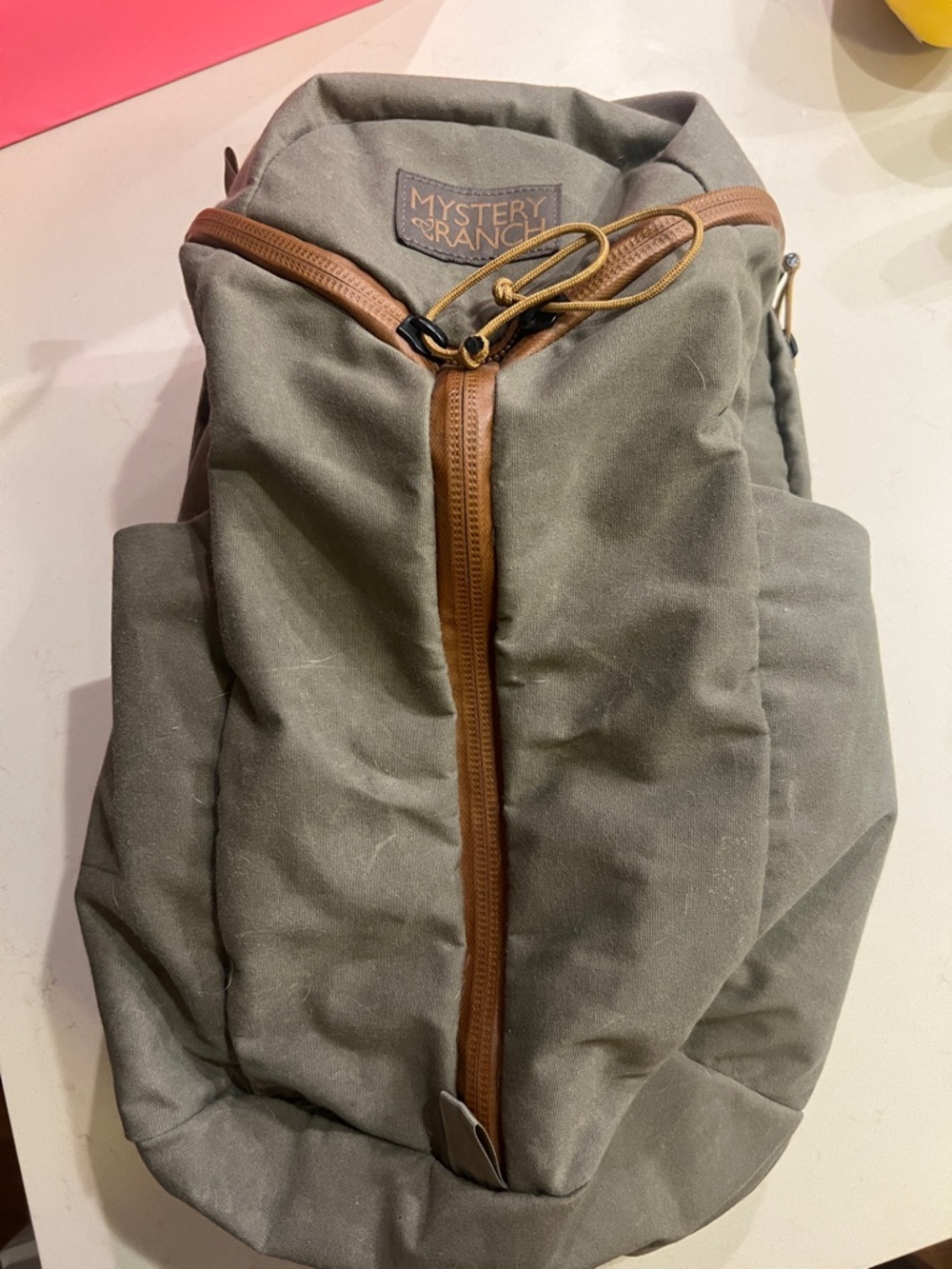 MYSTERY RANCH Olive Green Canvas Backpack with Brown Trim